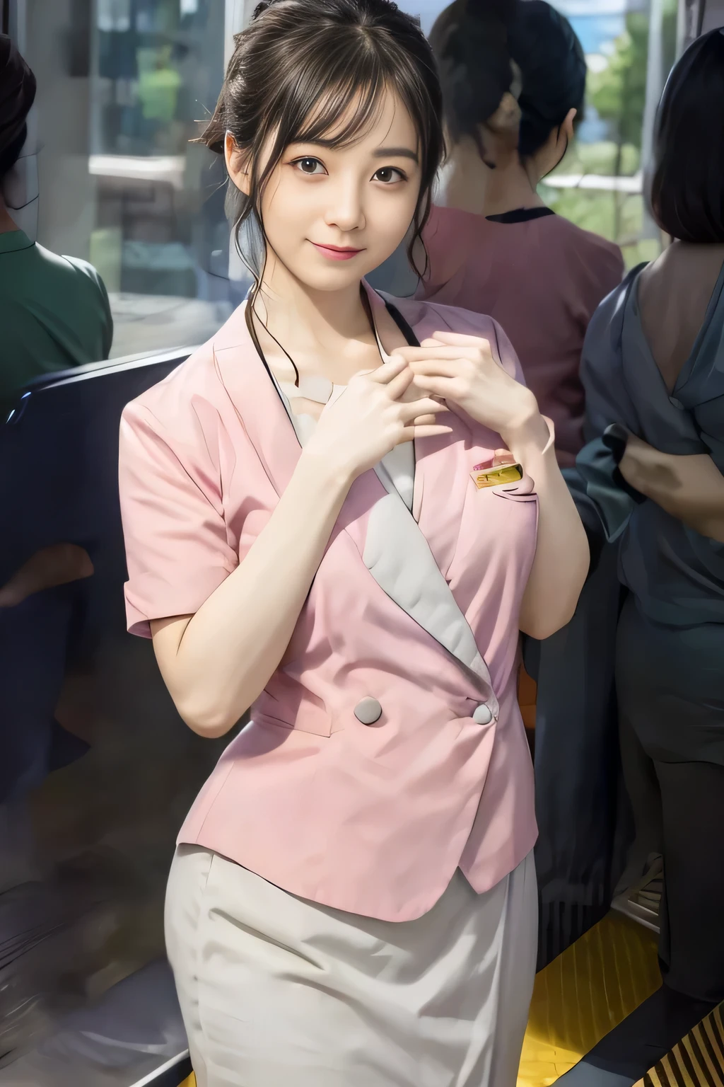 (masterpiece:1.2, Highest quality:1.2), 32K HDR, High resolution, (alone、1 girl)、 (Height: 160cm)、（On the rooftop of a building in the daytime、Professional Lighting）、Building rooftop background、（Nankai train crew uniform pinkを着たリアルスタイル）、（Nankai train crew uniform pink short sleeve collarless pink jacket、Nankai Train Crew Uniform Pink Collarless Short Sleeve Blouse、Nankai Train Crew Uniform Pink Grey Knee-length Culottes）、Dark brown hair、（Hair tied up、Hair tied up、Evening curly hairstyle）、Dark brown hair、Long Shot、Big Breasts、Thin legs、（（Great hands：2.0）），（（Harmonious body proportions：1.5）），（（Normal limbs：2.0）），（（Normal finger：2.0）），（（Delicate eyes：2.0）），（（Normal eyes：2.0））)、smile、（Nankai Train Crew Uniform Pink Grey Knee-length Culottesを見せた美しい歩く姿）、Place your hands around your stomach、Lanyard employee ID card