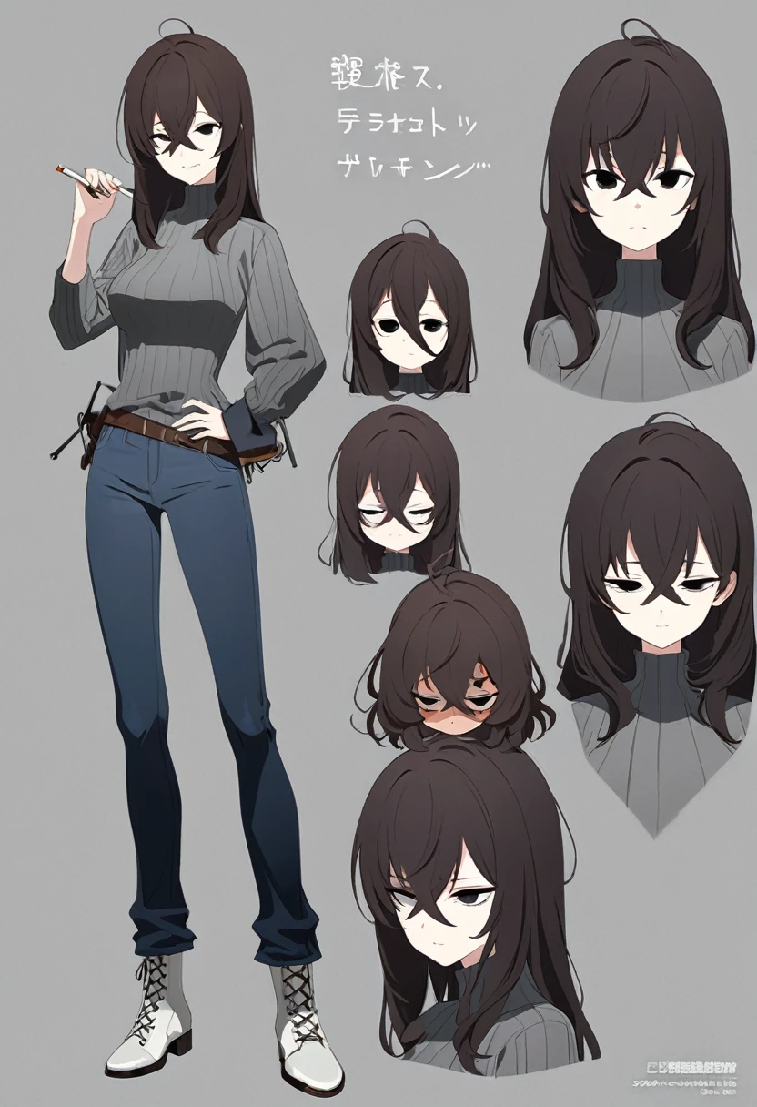 One Woman,Downer,older sister,Concept Art,Dark brown hair,Straight hair with slight inward curls,Staring eyes,Eye Ridge,black eye,Crossed bangs,whole body,smile,Slightly larger breasts,Gray background,Bangs that reach down to the eyes,Messy hair,Tight dark jeans,Gray turtleneck sweater,Multiple views of the same character,Character Design,Dark circles under the eyes,Bad look,Listless,Sloppy,Silver Jewelry,Cafe staff,Holding a cigarette,whole bodyCharacter Design,Detailed hands,Height: 170cm,boots,fleshy,