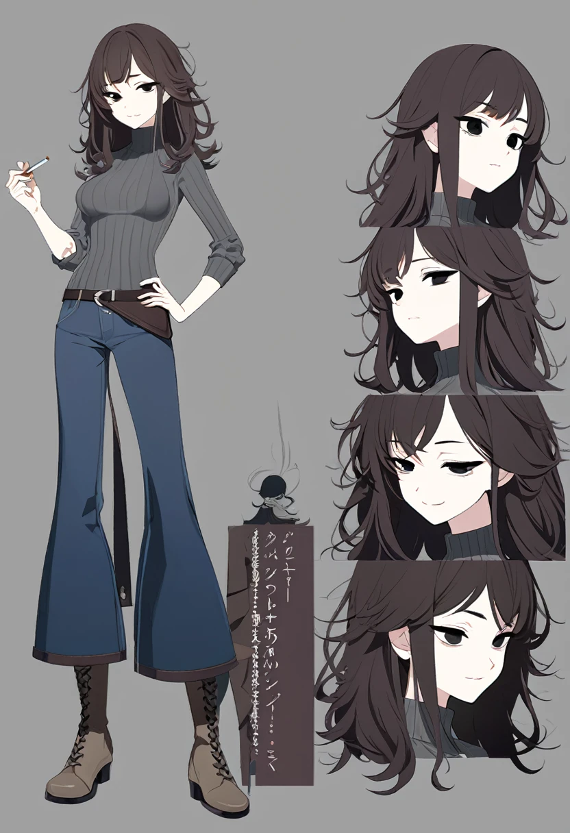 One Woman,Downer,older sister,Concept Art,Dark brown hair,Straight hair with slight inward curls,Staring eyes,Eye Ridge,black eye,Crossed bangs,whole body,smile,Slightly larger breasts,Gray background,Bangs that reach down to the eyes,Messy hair,Tight dark jeans,Gray turtleneck sweater,Multiple views of the same character,Character Design,Dark circles under the eyes,Bad look,Listless,Sloppy,Silver Jewelry,Cafe staff,Holding a cigarette,whole bodyCharacter Design,Detailed hands,Height: 170cm,boots,fleshy,