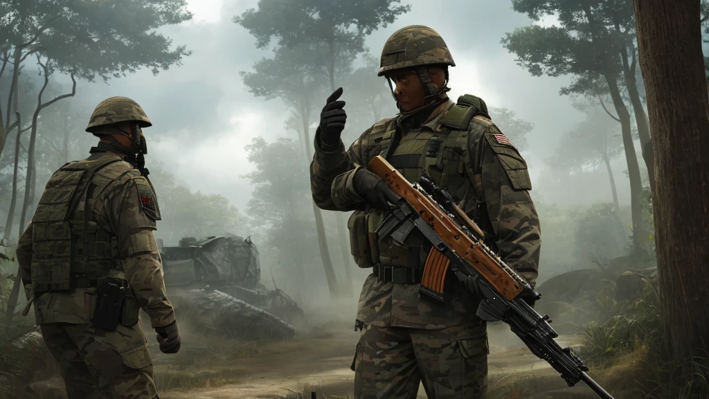 man,Battle shirt,forward,side,Conquest,Ominous atmosphere,Misty