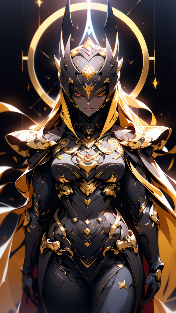 A woman adorned in fantasy-style full-body armor, a crown-concept fully enclosed helmet that unveils only her eyes, a composite layered chest plate, fully encompassing shoulder and hand guards, a lightweight waist armor, form-fitting shin guards, the overall design is heavy-duty yet flexible, (the armor gleams with a golden glow, complemented by red and blue accents), exhibiting a noble aura, she floats above a fantasy-surreal high-tech city, this character embodies a finely crafted fantasy-surreal style armored hero in anime style, exquisite and mature manga art style, (mixture of Queen bee and Spider concept Armor, plasma), ((Element, elegant, goddess, femminine:1.5)), metallic, high definition, best quality, highres, ultra-detailed, ultra-fine painting, extremely delicate, professional, anatomically correct, symmetrical face, extremely detailed eyes and face, high quality eyes, creativity, RAW photo, UHD, 32k, Natural light, cinematic lighting, masterpiece-anatomy-perfect, masterpiece:1.5