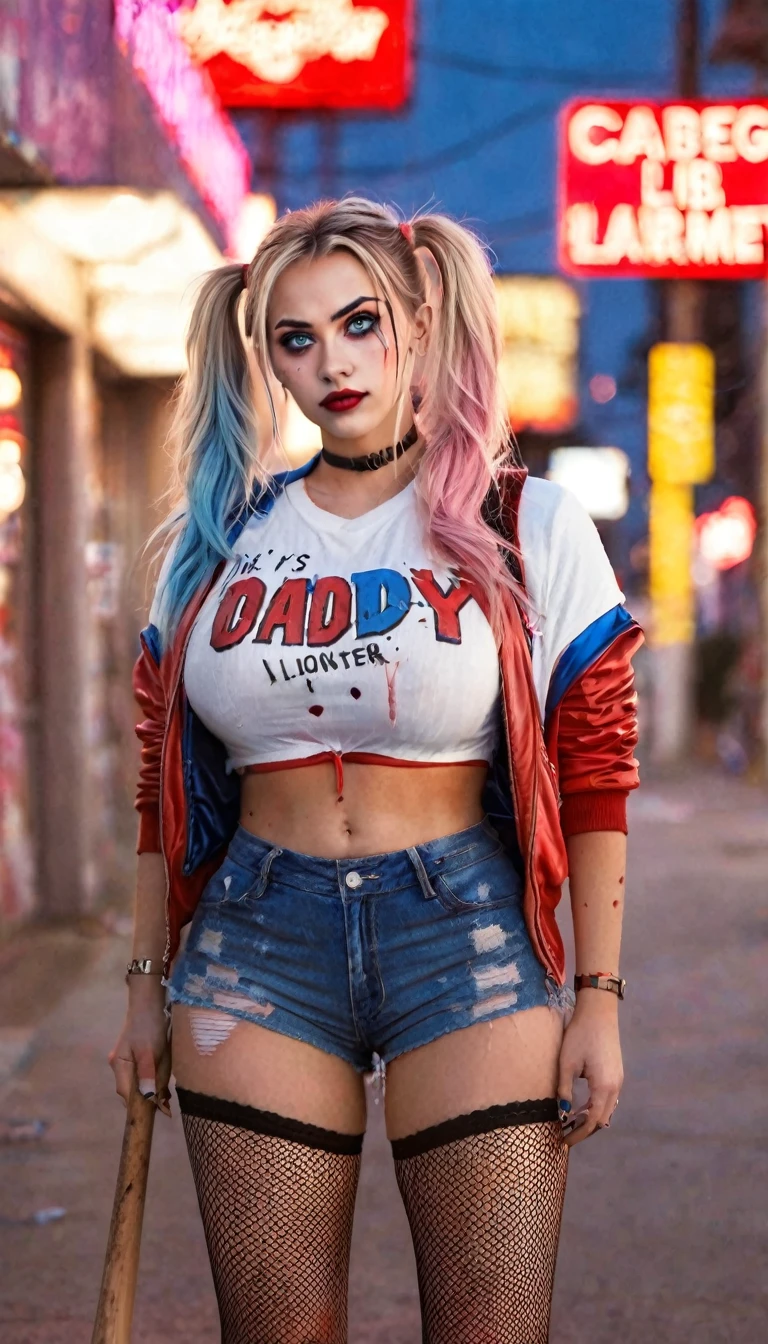 A fierce female character stands confidently in the center of a dark, psychotic smile, gritty urban street at night. She has strikingly bold makeup with heavy eyeliner and bright red lipstick. Her hair is styled in two high pigtails, with one side dyed pink and the other side dyed blue. She is dressed in a torn white shirt with "Daddy's Lil Monster" written on it, Harley Quinn look, paired with a shiny red and blue bomber jacket. She also wears a pair of fishnet stockings, very short ripped red and blue shorts, and a studded belt. She holds a baseball bat over her shoulder with a determined expression on her face. The background features blurred storefronts with neon lights, adding to the urban, chaotic atmosphere. The overall vibe of the image is rebellious and edgy. Distant full body view, ultra realistic photo, 16k, vibrant colors