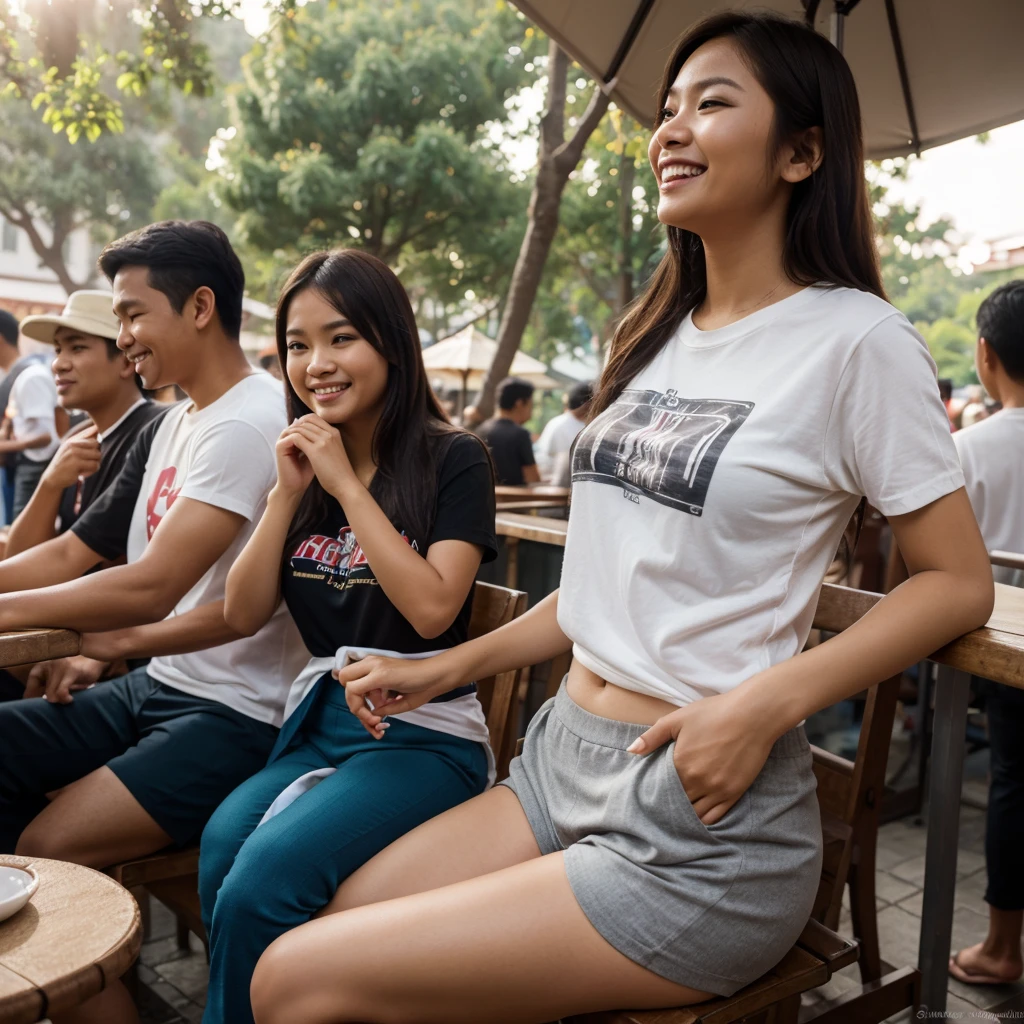 ((Best Quality, 8K, Masterpiece:)), Focus, realistic, A stunning high-resolution, vibrant photograph of 15 old young indonesian girl wear long oversize music band tshirt and cute panties, laughing,surrounded by men, multiple men, men embracing her shoulder ,sexy aura, erotic mood,sitting and sipping coffee,at outdoor streetfood stall seat, realistic photo, full body shot,The background is slightly blurred to keep the focus on her, creating a beautiful bokeh effect. soft sunlight filtering through,btlowerpant, lowering pants,