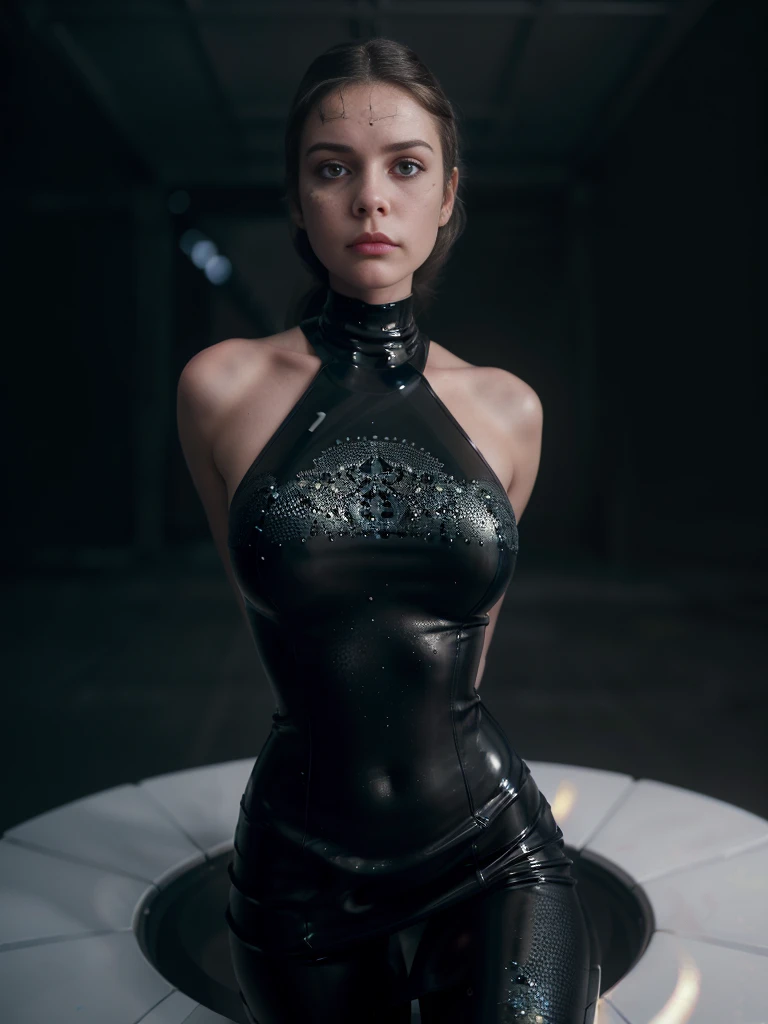 1girl,latex dress,perfect body,(deep neckline:1.4),beautiful detailed eyes,beautiful detailed lips,extremely detailed face and skin,masterpiece,(best quality,8k,hyper-detailed,photorealistic:1.4),(intricate,highly detailed,cinematic lighting:1.2),dramatic lighting,elegant,dramatic pose,sensual,elegant,fair skin,flawless skin