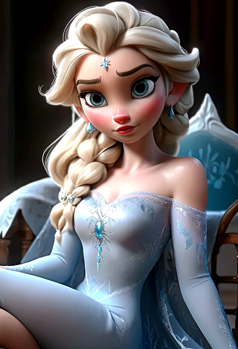 Elsa sitting , hot , half nude , spread legs , cum