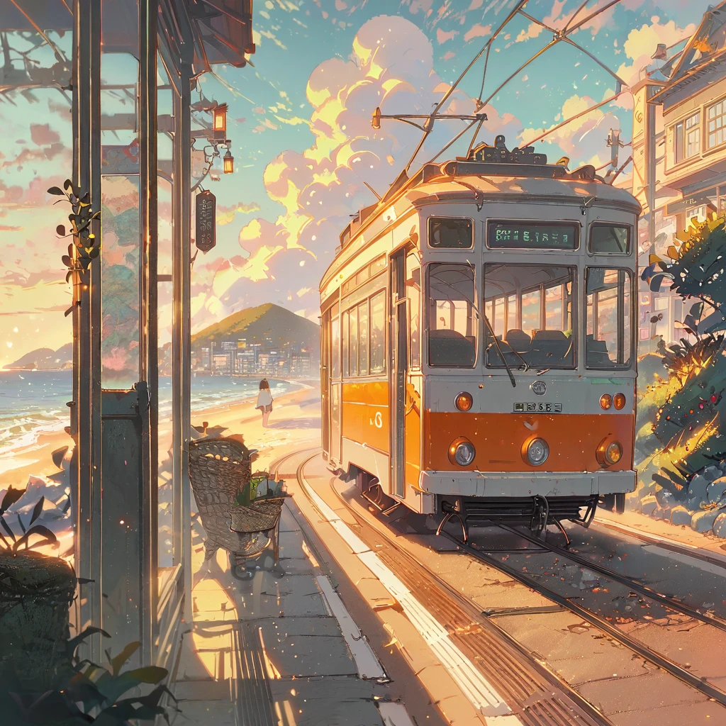 ((anime:1.4,illustration)),(masterpiece, top quality, best quality),(ultra-detailed, absolutely resolution),((16k, high res)), (((tram, seaside, blue sky, cumulonimbus cloud)) ((cozy lofi illustration:1.4)), ((anime:1.4, illustration)),(masterpiece, top quality, best quality),(ultra-detailed, absolutely resolution),((16k, high res)) BREAK {lofi art, style of Laurie Greasley, style of Makoto Shinkai, anime aesthetic}, BREAK { (produces images with information than 40 million pixels with cinematic-like detailed textures shot on a Sony SLR).}