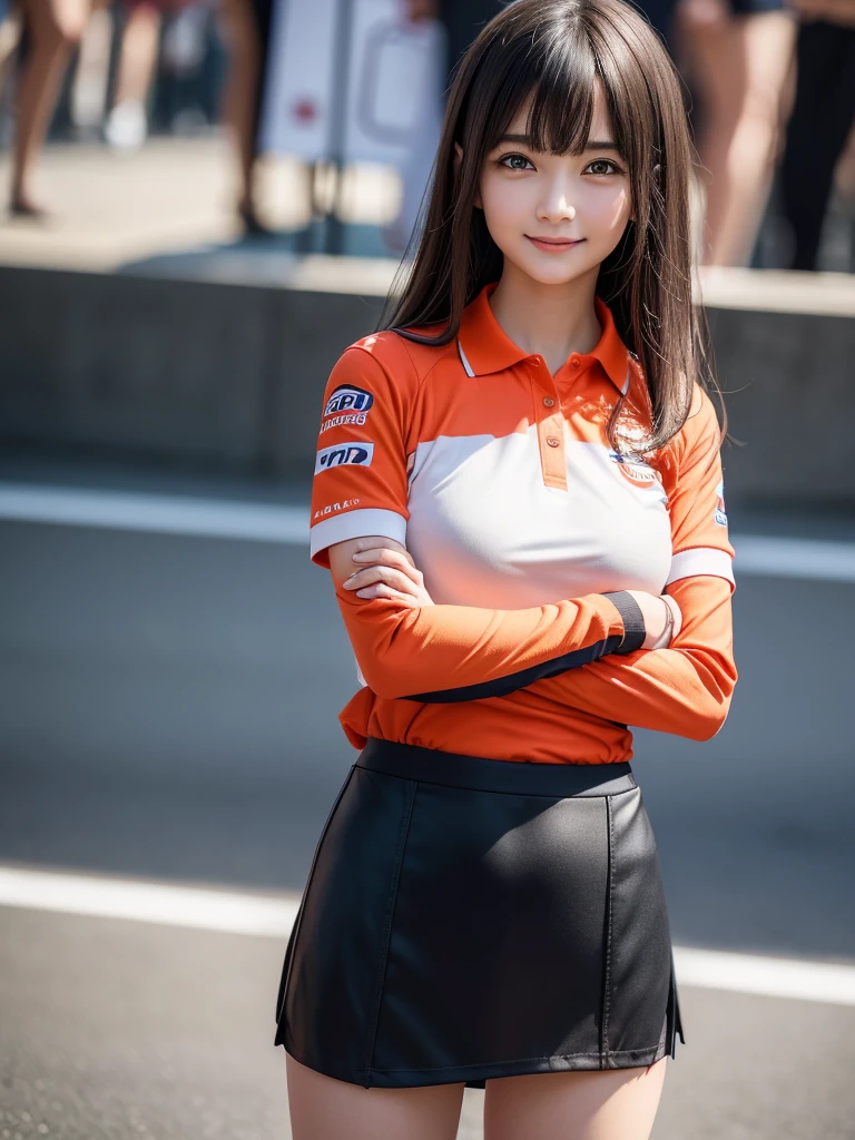 (8k, RAW Photos, Highest quality, masterpiece:1.2), (Realistic, photo-Realistic:1.4), (Highly detailed 8K wallpapers), ((Full Body Shot)), (1 girl), Sharp focus, Depth of written boundary, Cinematic lighting, Soft Light, 緻密な美しさのeye, eye_Chan, Very beautiful 17 year old girl, innocent big eyes, Realistic, photo Realistic, Highly detailed cute girl, (Thin thighs), (Model Body Type), ((( MotoGP Repsol Honda Team polo shirt))), ((Micro Mini Tight Skirt)), (((Fold your arms in front of your chest and act arrogantly))), ((A happy smile)), Parted lips, Watching the audience, (On the streets of Britain) , (Black Hair), (Long Bob Hair), (Asymmetrical bangs)