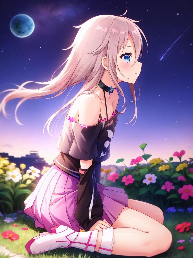 one girl, IA, vocaloid, skirt, black shirt, off shoulder, choker, beautiful, girl from other planet, happy, mysterious girl, boots, sitting on garden ground, full body, hold knee, from side, gaze at sky, night sky, face in profile