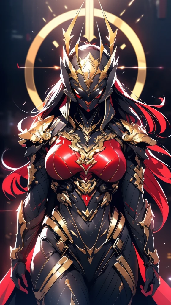 A woman adorned in fantasy-style full-body armor, a crown-concept fully enclosed helmet that unveils only her eyes, a composite layered chest plate, fully encompassing shoulder and hand guards, a lightweight waist armor, form-fitting shin guards, the overall design is heavy-duty yet flexible, (the armor gleams with a golden glow, complemented by red and blue accents), exhibiting a noble aura, she floats above a fantasy-surreal high-tech city, this character embodies a finely crafted fantasy-surreal style armored hero in anime style, exquisite and mature manga art style, (mixture of Queen bee and Spider concept Armor, plasma), ((Element, elegant, goddess, femminine:1.5)), metallic, high definition, best quality, highres, ultra-detailed, ultra-fine painting, extremely delicate, professional, anatomically correct, symmetrical face, extremely detailed eyes and face, high quality eyes, creativity, RAW photo, UHD, 32k, Natural light, cinematic lighting, masterpiece-anatomy-perfect, masterpiece:1.5