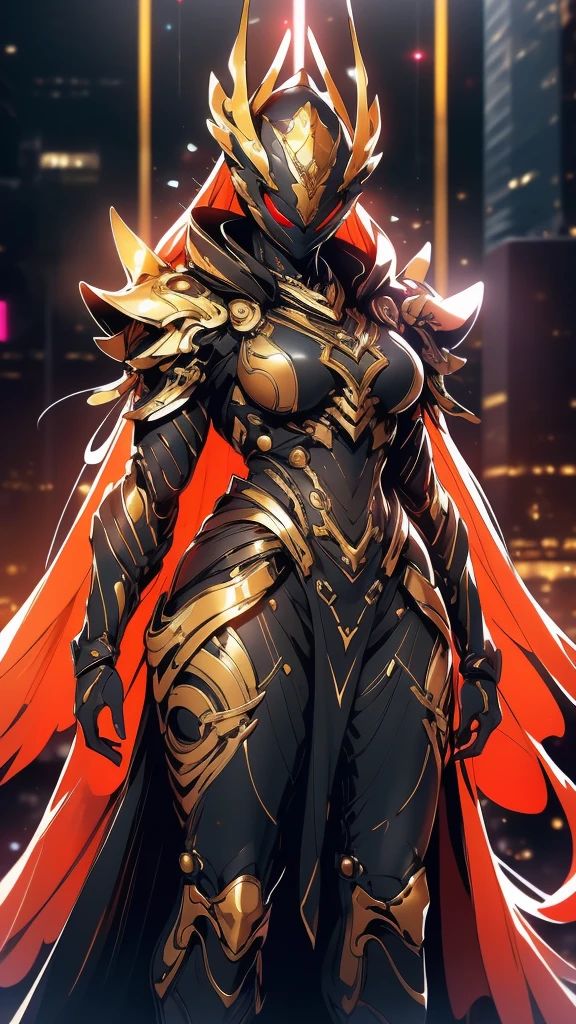 A woman adorned in fantasy-style full-body armor, a crown-concept fully enclosed helmet that unveils only her eyes, a composite layered chest plate, fully encompassing shoulder and hand guards, a lightweight waist armor, form-fitting shin guards, the overall design is heavy-duty yet flexible, (the armor gleams with a golden glow, complemented by red and blue accents), exhibiting a noble aura, she floats above a fantasy-surreal high-tech city, this character embodies a finely crafted fantasy-surreal style armored hero in anime style, exquisite and mature manga art style, (mixture of Queen bee and Spider concept Armor, plasma), ((Element, elegant, goddess, femminine:1.5)), metallic, high definition, best quality, highres, ultra-detailed, ultra-fine painting, extremely delicate, professional, anatomically correct, symmetrical face, extremely detailed eyes and face, high quality eyes, creativity, RAW photo, UHD, 32k, Natural light, cinematic lighting, masterpiece-anatomy-perfect, masterpiece:1.5