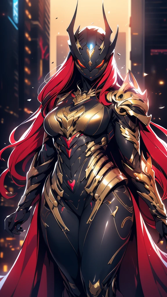 A woman adorned in fantasy-style full-body armor, a crown-concept fully enclosed helmet that unveils only her eyes, a composite layered chest plate, fully encompassing shoulder and hand guards, a lightweight waist armor, form-fitting shin guards, the overall design is heavy-duty yet flexible, (the armor gleams with a golden glow, complemented by red and blue accents), exhibiting a noble aura, she floats above a fantasy-surreal high-tech city, this character embodies a finely crafted fantasy-surreal style armored hero in anime style, exquisite and mature manga art style, (mixture of Queen bee and Spider concept Armor, plasma), ((Element, elegant, goddess, femminine:1.5)), metallic, high definition, best quality, highres, ultra-detailed, ultra-fine painting, extremely delicate, professional, anatomically correct, symmetrical face, extremely detailed eyes and face, high quality eyes, creativity, RAW photo, UHD, 32k, Natural light, cinematic lighting, masterpiece-anatomy-perfect, masterpiece:1.5