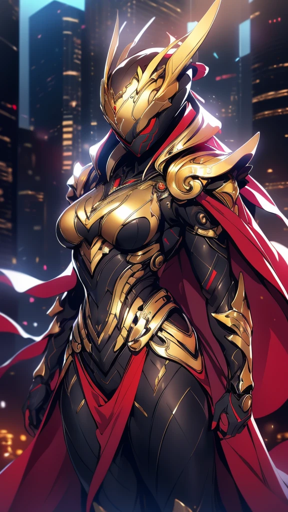 A woman adorned in fantasy-style full-body armor, a crown-concept fully enclosed helmet that unveils only her eyes, a composite layered chest plate, fully encompassing shoulder and hand guards, a lightweight waist armor, form-fitting shin guards, the overall design is heavy-duty yet flexible, (the armor gleams with a golden glow, complemented by red and blue accents), exhibiting a noble aura, she floats above a fantasy-surreal high-tech city, this character embodies a finely crafted fantasy-surreal style armored hero in anime style, exquisite and mature manga art style, (mixture of Queen bee and Spider concept Armor, plasma), ((Element, elegant, goddess, femminine:1.5)), metallic, high definition, best quality, highres, ultra-detailed, ultra-fine painting, extremely delicate, professional, anatomically correct, symmetrical face, extremely detailed eyes and face, high quality eyes, creativity, RAW photo, UHD, 32k, Natural light, cinematic lighting, masterpiece-anatomy-perfect, masterpiece:1.5