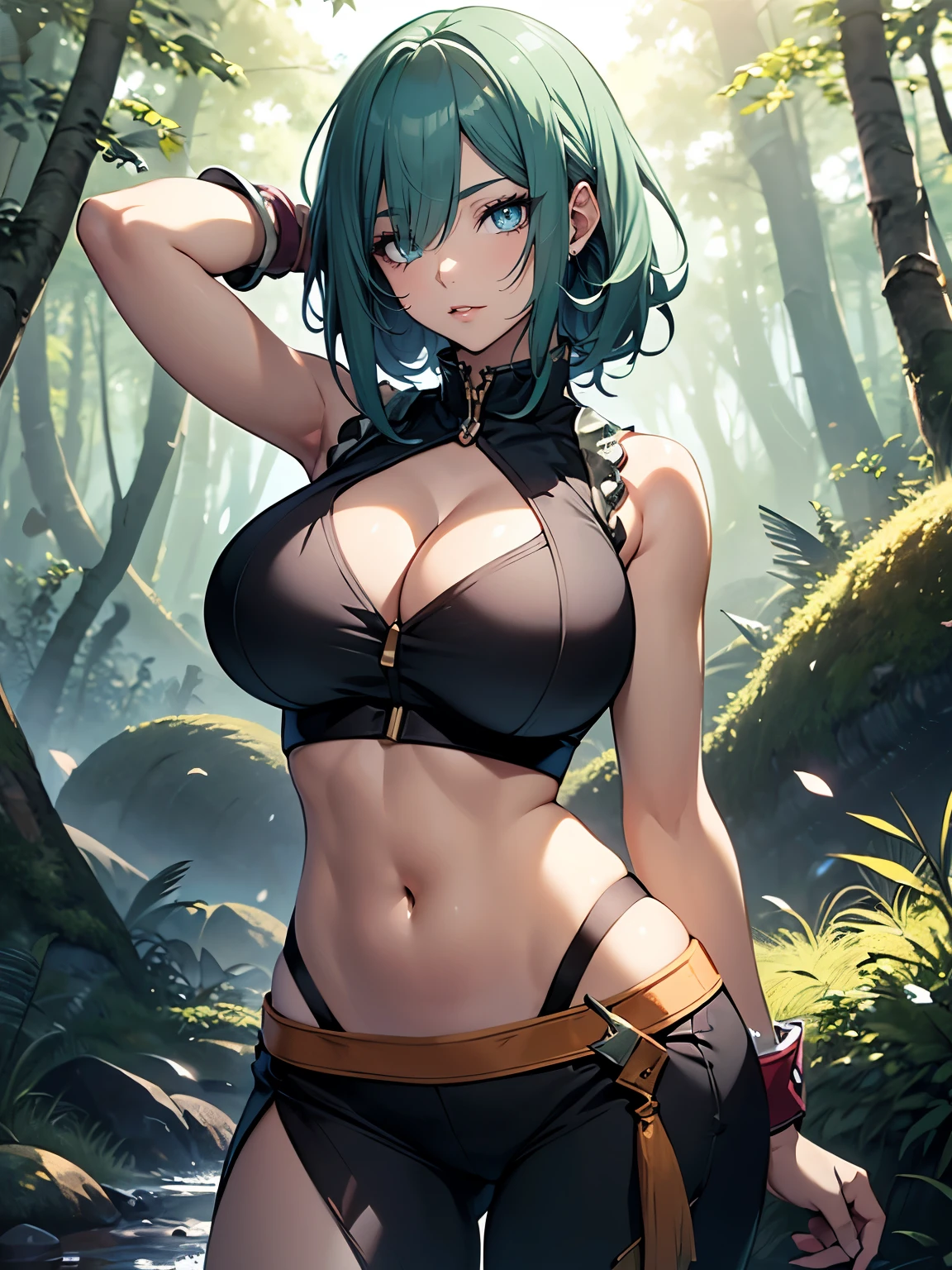 ((Seductive Anime Girl:1.3, solo:1.5))、((fusion of animal and girl:1.3))、((fantasy world:1.3))、((Glossy realistic skin texture))、((Being in forest:1.3)), ((dynamism:1.4))、((dynamism posing:1.3))、((open clothes))、((crop top navel:1.2))、((huge breasts:1.2))、((huge hip:1.3))、((highleg:1.3))、((wedgie:1.2))、((cleavage:1.2))、ultra-detailliert, hiquality, Top image quality, digitial illustration, Smooth texture、shiny skin、((sleeveless:1.2))、Sharp Focus