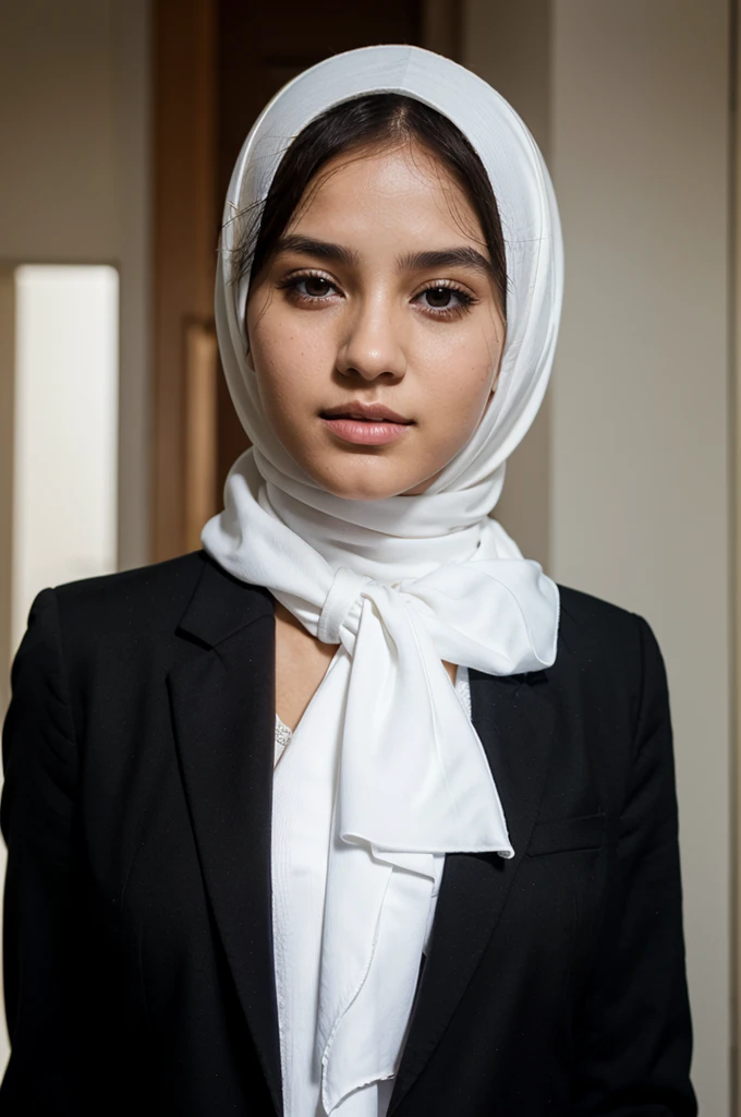 A girl wear white hijab and black blazer realistic 