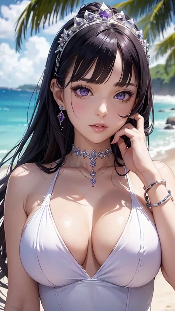 A woman wearing a white high-cut swimsuit, Purple updo、Purple Eyes、Bangs、tiara, scenery, Sexy expression, ((Very detailed)), (Perfectly detailed face), (Detailed and well-drawn hand) 、Very large breasts、Photorealistic images.Upper Body、Earrings、bracelet、ring