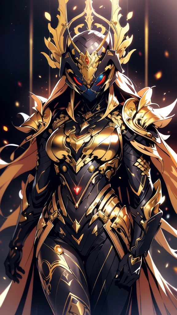A woman adorned in fantasy-style full-body armor, a crown-concept fully enclosed helmet that unveils only her eyes, a composite layered chest plate, fully encompassing shoulder and hand guards, a lightweight waist armor, form-fitting shin guards, the overall design is heavy-duty yet flexible, (the armor gleams with a golden glow, complemented by red and blue accents), exhibiting a noble aura, she floats above a fantasy-surreal high-tech city, this character embodies a finely crafted fantasy-surreal style armored hero in anime style, exquisite and mature manga art style, (mixture of Queen bee and Spider concept Armor, plasma), ((Element, elegant, goddess, femminine:1.5)), metallic, high definition, best quality, highres, ultra-detailed, ultra-fine painting, extremely delicate, professional, anatomically correct, symmetrical face, extremely detailed eyes and face, high quality eyes, creativity, RAW photo, UHD, 32k, Natural light, cinematic lighting, masterpiece-anatomy-perfect, masterpiece:1.5
