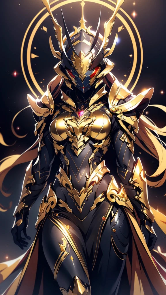 A woman adorned in fantasy-style full-body armor, a crown-concept fully enclosed helmet that unveils only her eyes, a composite layered chest plate, fully encompassing shoulder and hand guards, a lightweight waist armor, form-fitting shin guards, the overall design is heavy-duty yet flexible, (the armor gleams with a golden glow, complemented by red and blue accents), exhibiting a noble aura, she floats above a fantasy-surreal high-tech city, this character embodies a finely crafted fantasy-surreal style armored hero in anime style, exquisite and mature manga art style, (mixture of Queen bee and Spider concept Armor, plasma), ((Element, elegant, goddess, femminine:1.5)), metallic, high definition, best quality, highres, ultra-detailed, ultra-fine painting, extremely delicate, professional, anatomically correct, symmetrical face, extremely detailed eyes and face, high quality eyes, creativity, RAW photo, UHD, 32k, Natural light, cinematic lighting, masterpiece-anatomy-perfect, masterpiece:1.5