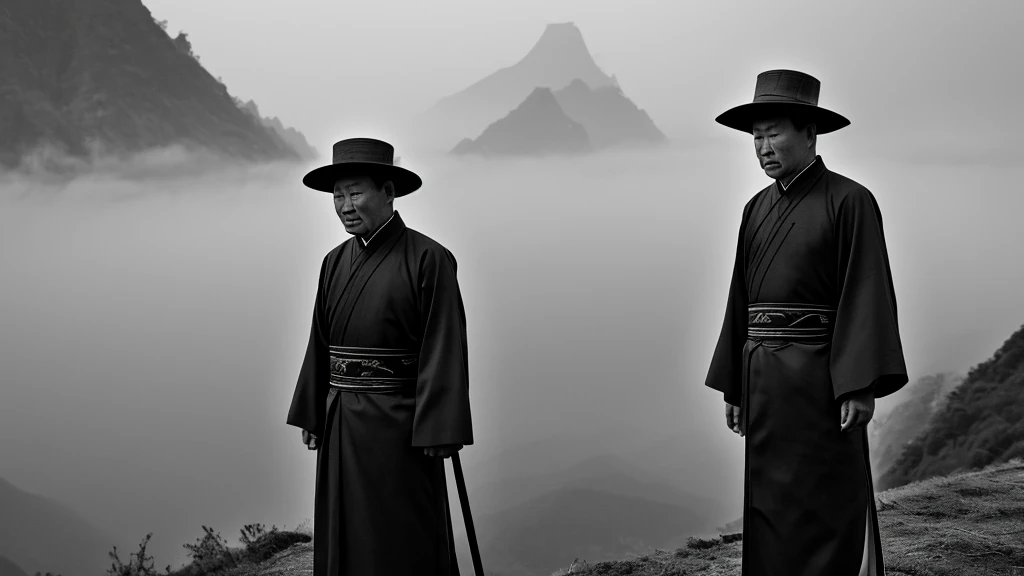 A Chinese man,Chinese battle robes,forward,side,Ominous atmosphere,Misty,Black and White
