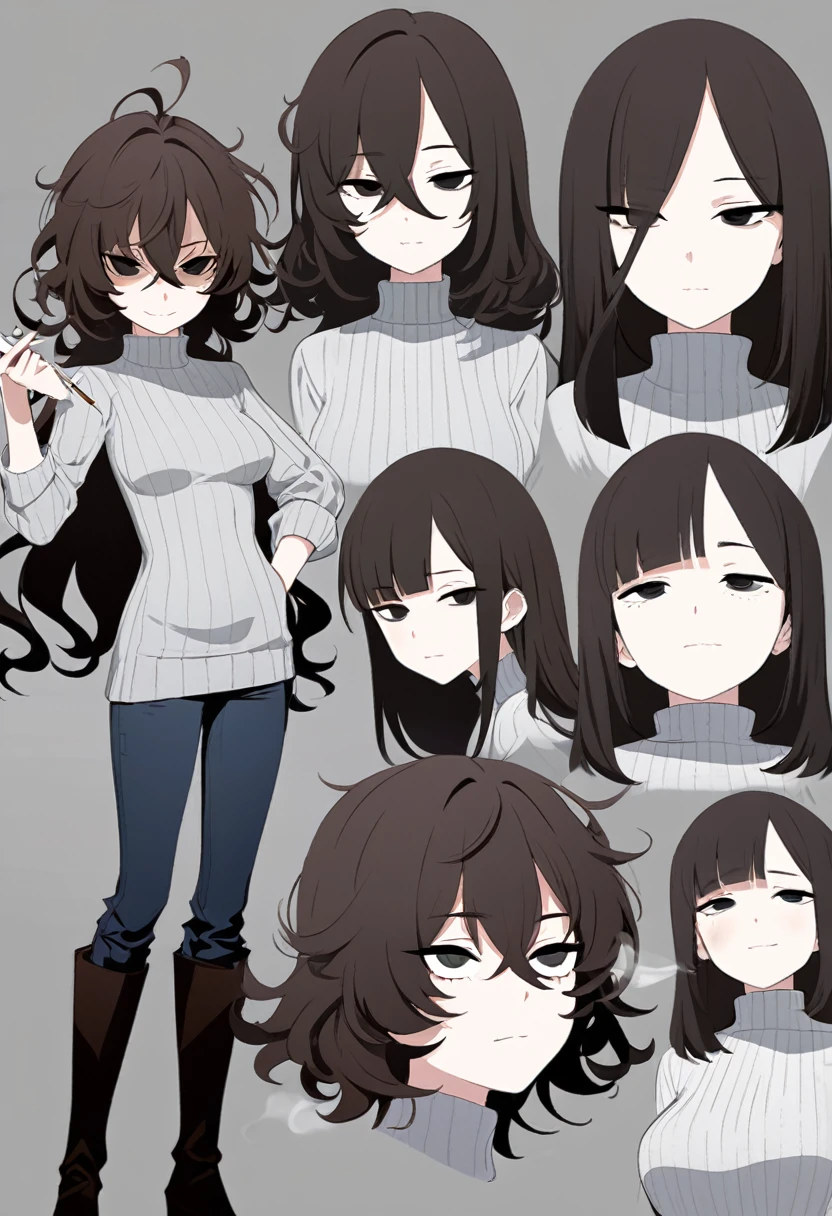 One Woman,Downer,older sister,Concept Art,Dark brown hair,Straight hair with slight inward curls,Staring eyes,Eye Ridge,black eye,Crossed bangs,whole body,smile,Slightly larger breasts,Gray background,Bangs that reach down to the eyes,Messy hair,Tight dark jeans,Gray turtleneck sweater,Multiple views of the same character,Character Design,Dark circles under the eyes,Bad look,Listless,Sloppy,Silver Jewelry,Cafe staff,Holding a cigarette,whole bodyCharacter Design,Detailed hands,Height: 170cm,boots,fleshy,