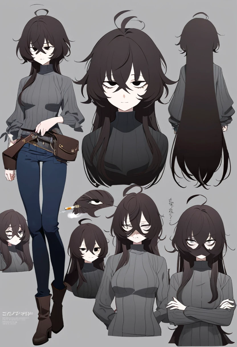 One Woman,Downer,older sister,Concept Art,Dark brown hair,Straight hair with slight inward curls,Staring eyes,Eye Ridge,black eye,Crossed bangs,whole body,smile,Slightly larger breasts,Gray background,Bangs that reach down to the eyes,Messy hair,Tight dark jeans,Gray turtleneck sweater,Multiple views of the same character,Character Design,Dark circles under the eyes,Bad look,Listless,Sloppy,Silver Jewelry,Cafe staff,Holding a cigarette,whole bodyCharacter Design,Detailed hands,Height: 170cm,boots,fleshy,
