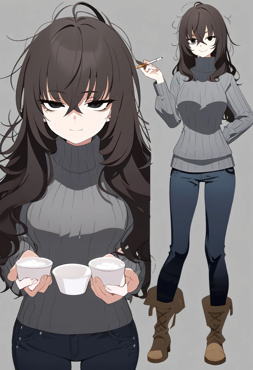 One Woman,Downer,older sister,Concept Art,Dark brown hair,Straight hair with slight inward curls,Staring eyes,Eye Ridge,black eye,Crossed bangs,whole body,smile,Slightly larger breasts,Gray background,Bangs that reach down to the eyes,Messy hair,Tight dark jeans,Gray turtleneck sweater,Multiple views of the same character,Character Design,Dark circles under the eyes,Bad look,Listless,Sloppy,Silver Jewelry,Cafe staff,Holding a cigarette,whole bodyCharacter Design,Detailed hands,Height: 170cm,boots,fleshy,