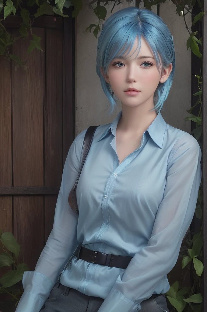 (masterpiece:1.3), (8k, Realistic, RAW Photos, Highest quality: 1.4), (One Girl), Beautiful Face, (Realistic Face), (pale blue hair:1.1), (medium hair:1.3), Beautiful hairstyle, Realistic eyes, Beautiful details, (Realistic Skin), Beautiful Skin, Absurd, charm, Ultra-high resolution, Ultra-realistic, Very detailed, Golden Ratio, sheer shirt, short pants