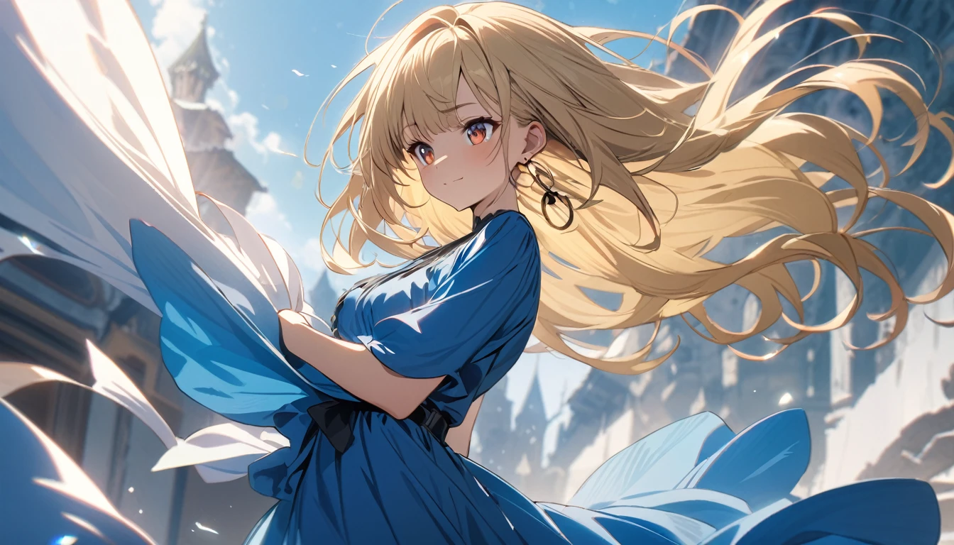 Masterpiece, 22 years old, Top Quality, High Resolution, Super Dimensional Face, Cute Eyes, Very Beautiful Girl in Long Blue Dress Anime Character, One Beautiful Girl, Long Dress, Solo, Blue Dress, (Bob-cut Hair:1.1), Amber Eyes, Gazing, Blonde Hair, ((Hair Fluttering in Wind)), , Medium Chest, Hoop Earrings, Fluttering hair,  Fantastic,  Light smile, Dynamic, Fantasy, 
