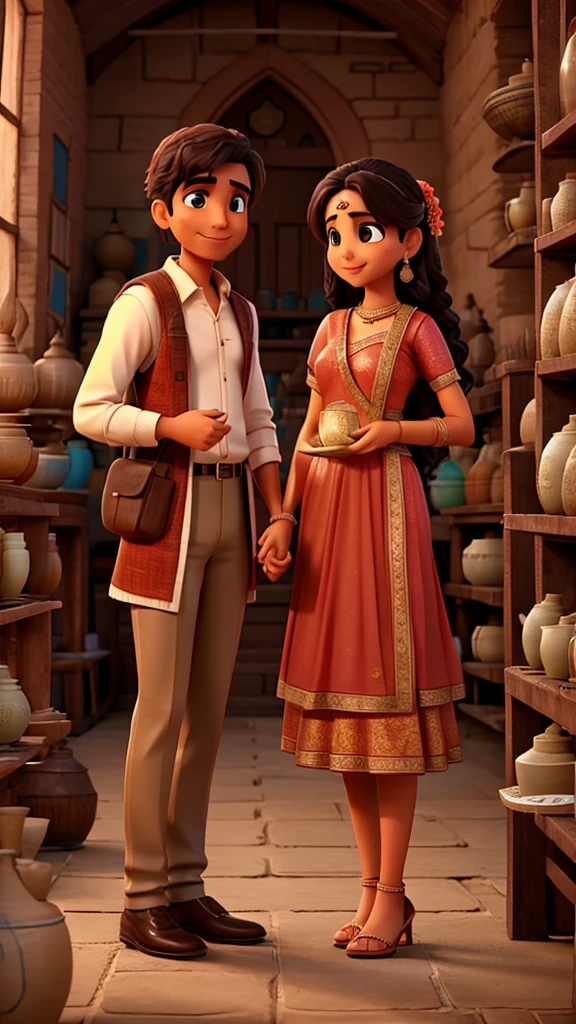 A man says to indian marridge couple in the pottery shop