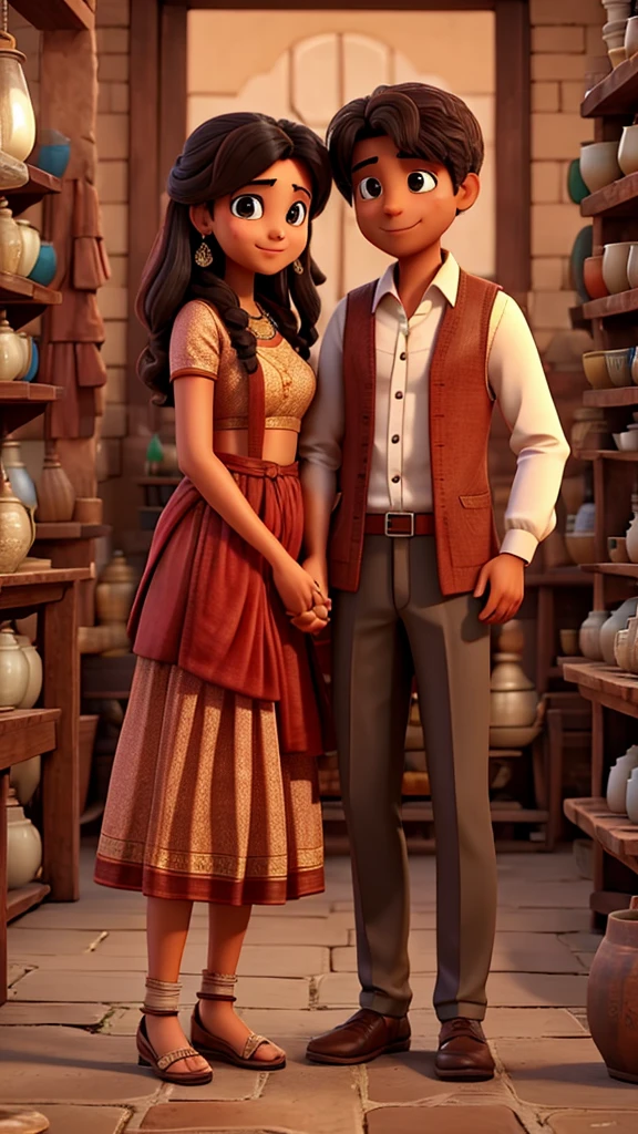 A man says to indian marridge couple in the pottery shop