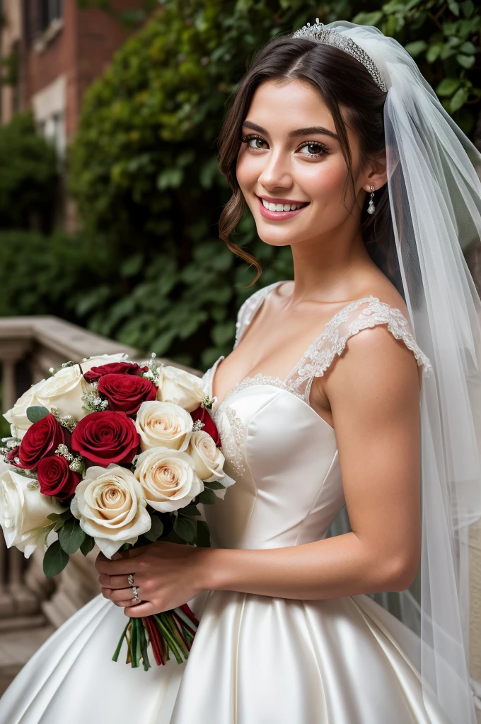 Masterpiece, best quality, very detailed, Exaggerated, realistic, beautiful young woman, white wedding dress,  Smiling face, holding a bouquet of red roses Extraordinarily detailed face
