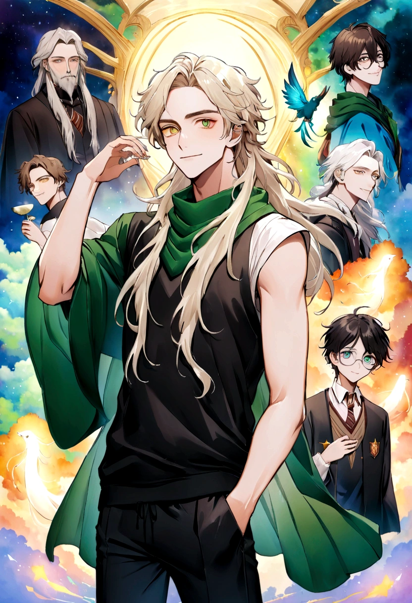 Harry James Potter , 175 centimeters tall, sin gafas, wearing a black sleeveless sports sweatshirt and tight black pants marking his manhood, furioso sus ojos brillando en un verde intenso, apuntando con su varita y lanzando un hechizo a Albus Dumbledore