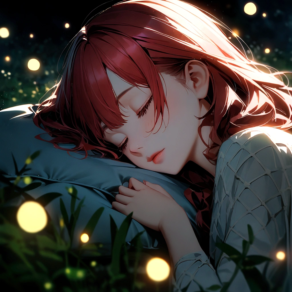 Close up view of a beautiful age girl sleeping peacefully in a fantasy bed lit by the gentle glow of fireflies. The girl has red hair,Canon EOS R6 Mark II、It captures the intricate details of her serene expression as she rests in the ethereal surroundings.. Fireflies create a magical atmosphere, Their soft glow、Casts a mesmerizing pattern on the girl&#39;s features and surroundings. Sigma 50mm f/1.4 DG HSM Art Lens、Guaranteed high resolution and flawless clarity, Bring out the photorealistic qualities of your scenes.