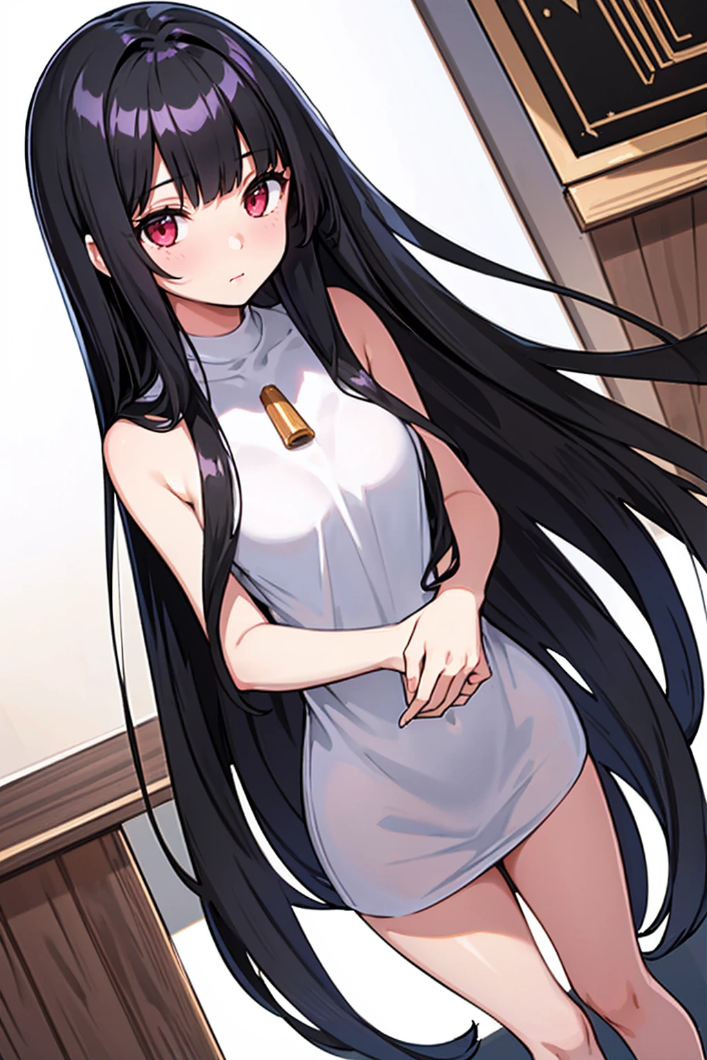 whole body,Standing posture, (alone,Shiny Hair,Hime cut,Black Hair,Long Straight Hair,Neat hair) (One girl, Normal milk), (beautifully drawn face:1.2) (Naked,) Embarrassed expression,Cover your chest with your hands,(White background) 