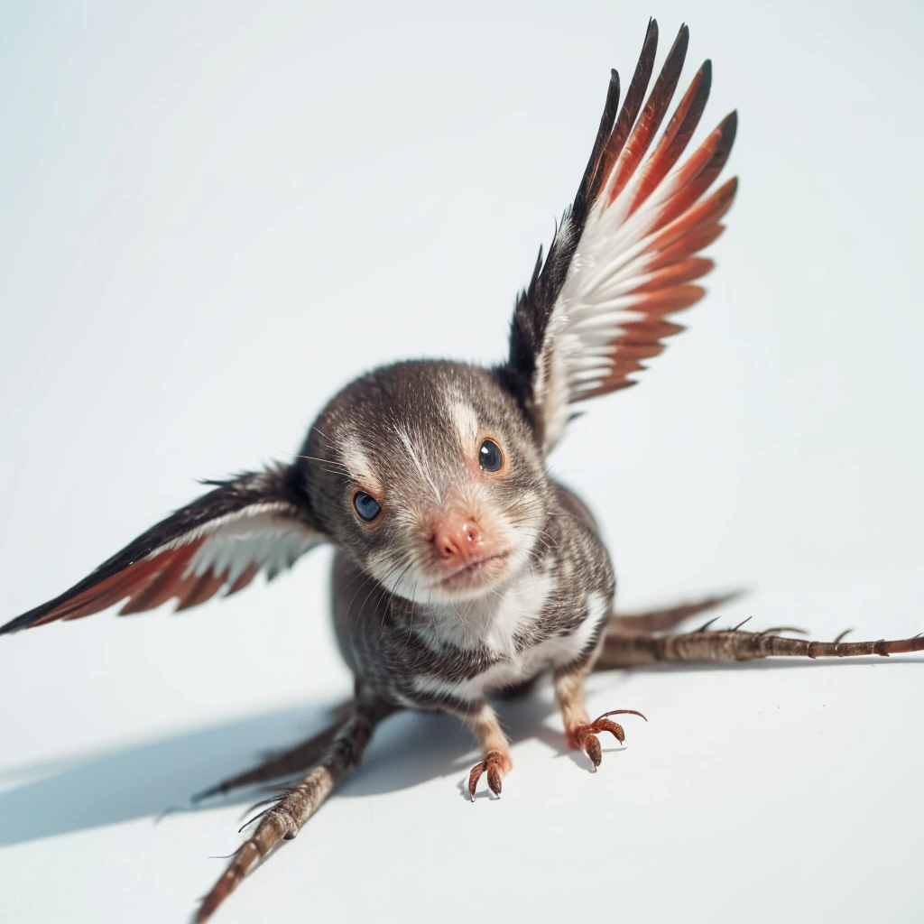 Small Animaly, has green stripes on his skin, reds eyes, seagull mixed with spider, Grassroots, no background