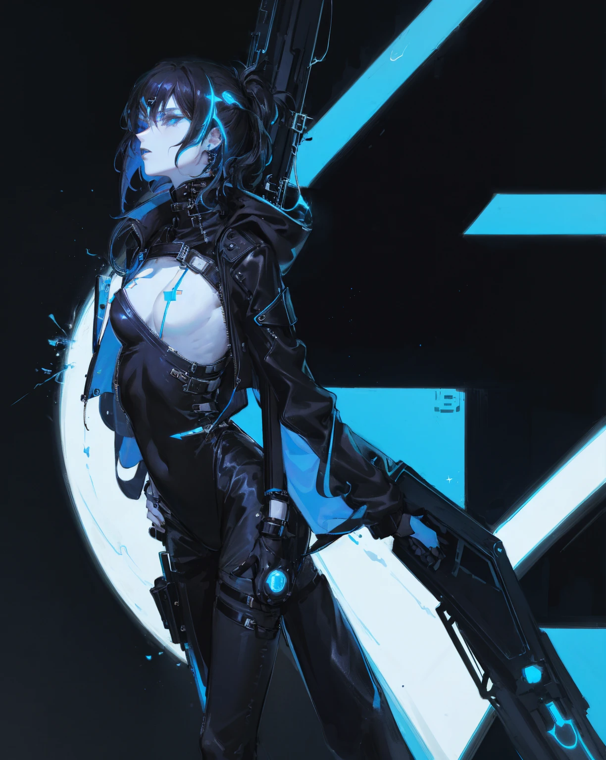 Designed by nty, one Female Futuristic punk rocker, co-owner of Stellar Travelers named Luna, Pale skin color, Wild haircut, Jet black hair, Electric blue eyes, a Black leather jacket, and ripped black leather pants.., coloured background, Abstract