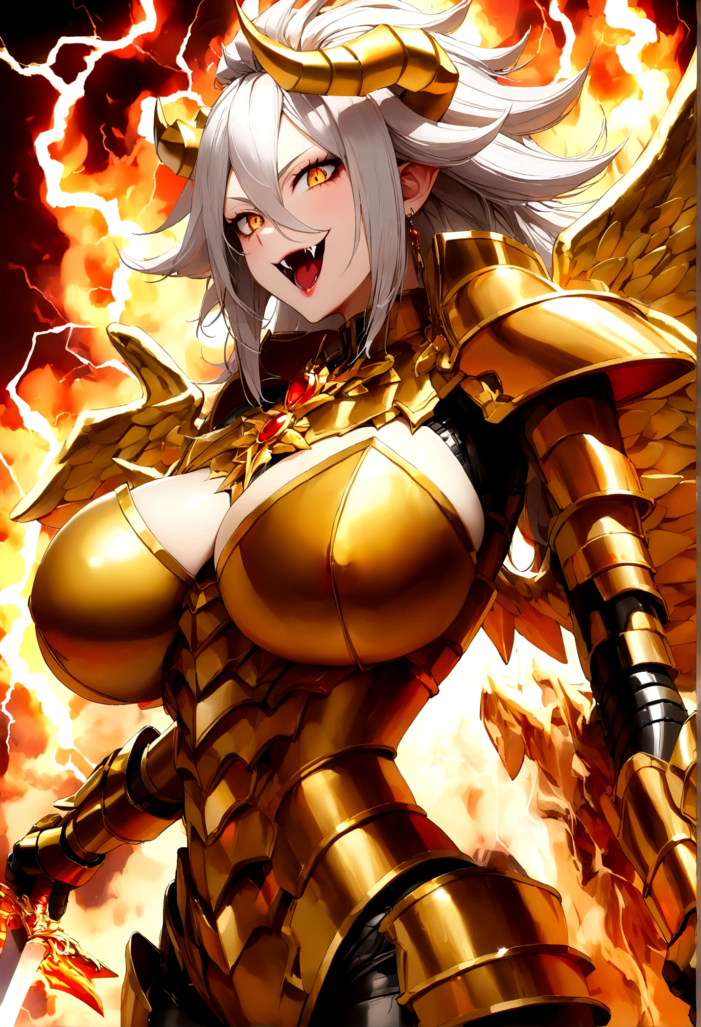 ((Lightning Power)), ((Electricity)), ((Fire Background)), ((Lightning Storm)), ((Power Erupting)),((((android 21 Evil)))), (((white Coat))), (((Busty))), (((((Big breast:1,3)))), luxury bustier corset, (((silver hair))), (((Very slim waist))), propotional body, ((Gorgeous)), (((gold wings))), masterpiece, hyperdetail, ambient effect, digital effect, (((Vampire Fangs))), (((FIRE SWORD)), (((Lightning Sword))), (((Fire Gold Armor))), (((Lightning Gold Wings))), (((Fire Blazing Horns)))