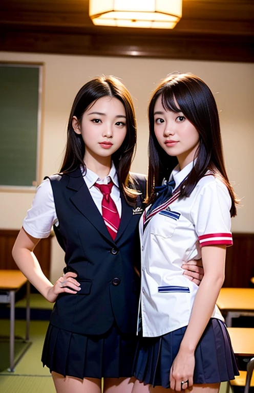 8k, RAW Portrait (Japanese women),masterpiece、Photorealistic:1.3、Realistic, Ultra-high resolution, Highest quality, Real Life Photos ,( in the evening :1.1), ((((2 girls:1.5)))), (((Two girls showing off their panties in a room)))、(Beautiful Face:1.1)、日本の2 girls,((Two Japanese high school girls))、((Two real high school girls))、((Japanese High School Uniform:1.6))、In the classroom、 ((Dark brown eyes:1.2))、(Realistic skin texture:1.3)、(Immersive atmosphere:0.8、Chiaroscuro:1.2) 、(Look Viewer:1.3)、((Embarrassed look))、((blush:1.3))、((From belowの天井:1.2))、(smile:1.2)、((((She's wearing tiny silk panties))))、((Panty shot))、((A woman rolling up her skirt))、((From below:1.15))、((Panties close up:1.42))、((Panty shot))、((Spread your legs out to the side:1.4))