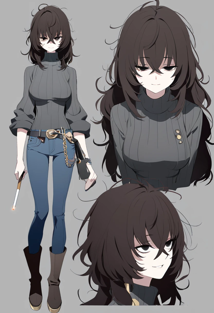 One Woman,Downer,older sister,Concept Art,Dark brown hair,Straight hair with slight inward curls,Staring eyes,Eye Ridge,black eye,Crossed bangs,whole body,smile,Slightly larger breasts,Gray background,Bangs that reach down to the eyes,Messy hair,Tight dark jeans,Gray turtleneck sweater,Multiple views of the same character,Character Design,Dark circles under the eyes,Bad look,Listless,Sloppy,Silver Jewelry,Cafe staff,Holding a cigarette,whole bodyCharacter Design,Detailed hands,Height: 170cm,boots,fleshy,