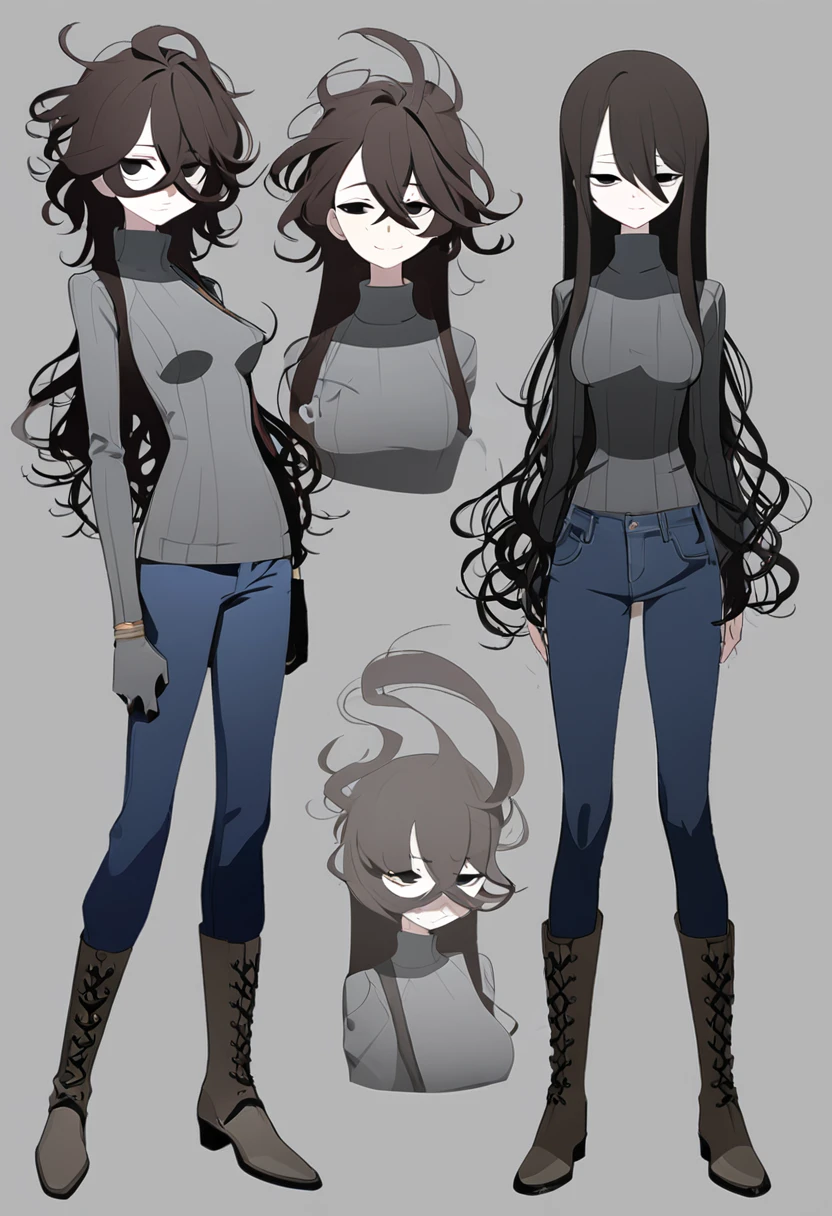 One Woman,Downer,older sister,Concept Art,Dark brown hair,Straight hair with slight inward curls,Staring eyes,Eye Ridge,black eye,Crossed bangs,whole body,smile,Larger breasts,Gray background,Bangs that reach down to the eyes,Messy hair,Tight dark jeans,Gray turtleneck sweater,Multiple views of the same character,Character Design,Dark circles under the eyes,Bad look,Listless,Sloppy,Silver Jewelry,Cafe staff,Holding a cigarette,whole bodyCharacter Design,Detailed hands,Height: 170cm,boots,Fleshy body,