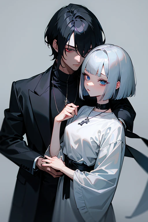Gray Hair、Red Eye、Cold-blooded man、Handsome、woman(the person I like)Grab the chest of、I'm in a hurry、blush、Sweat、
The woman has black hair, blue eyes and a bob cut、Smooth Hair、Cross Necklace、