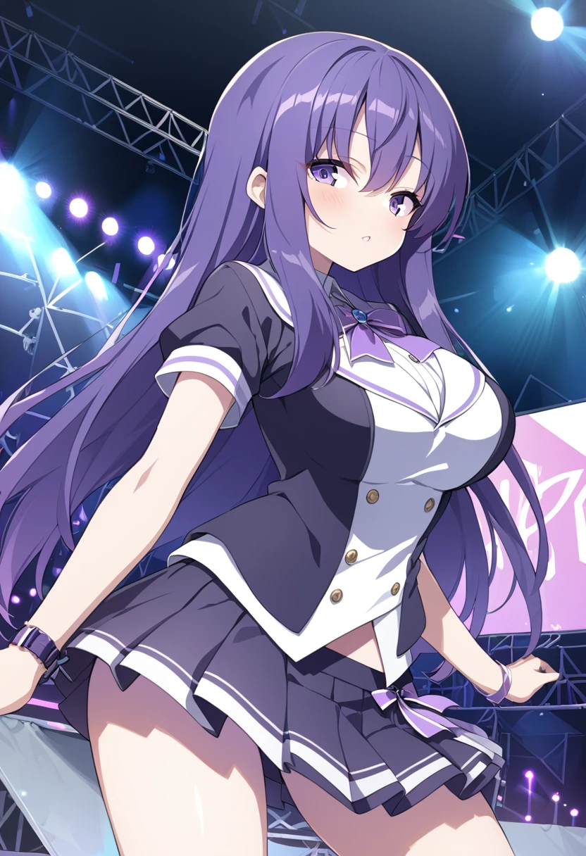 , long hair, purple hair, purple eyes, 16years old,, large breasts, live stage, solo,