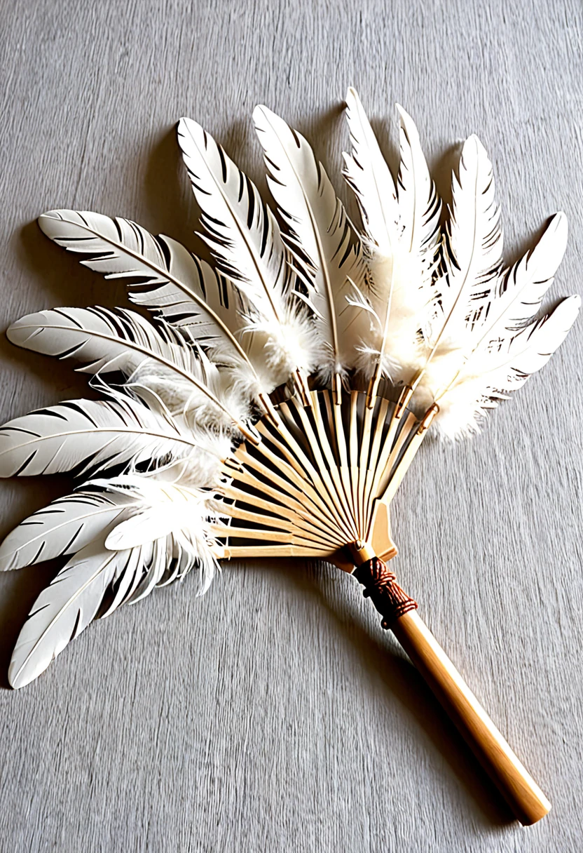 (Handle Feather Fan)、(Wooden handle)、(It is made of many feathers)