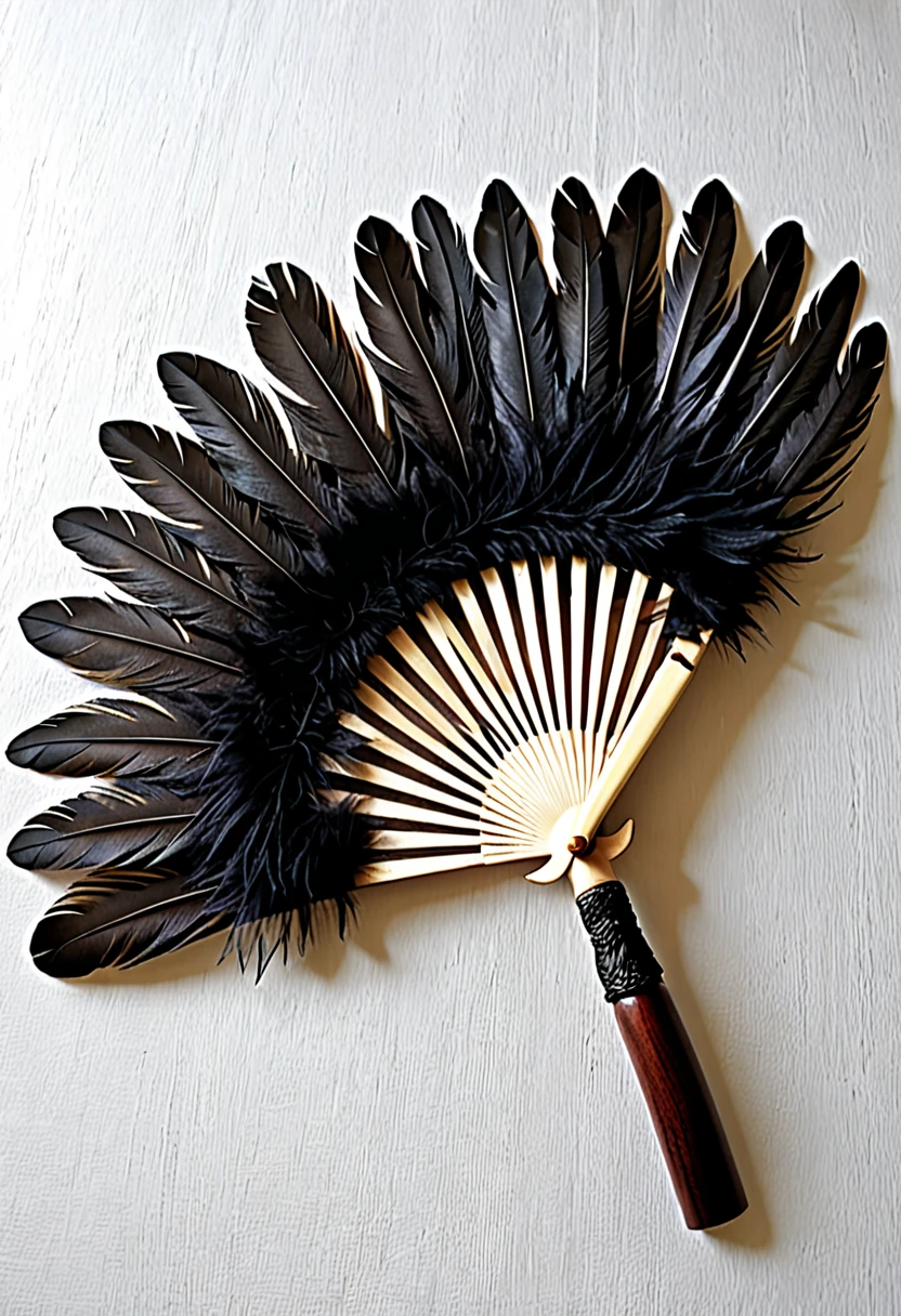 (Handle Feather Fan)、(Wooden handle)、(It is made of many feathers)