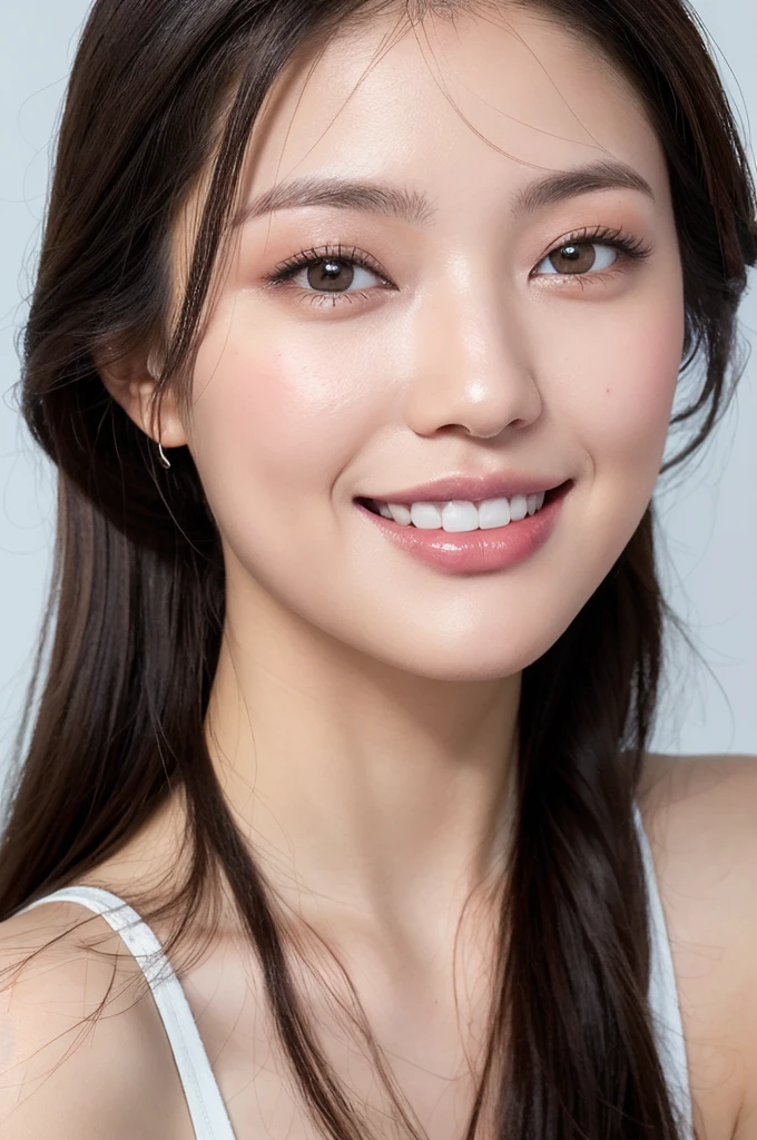 22 year old girl, con ojos grises, piel blanca palida, figura delgada, sonriendo, pelo color negro, a la moda, foto tomada con camara profesional ultrarealista