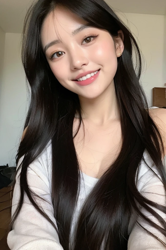22 year old girl, con ojos grises, piel blanca palida, figura delgada, sonriendo, pelo color negro, a la moda, foto tomada con camara profesional ultrarealista