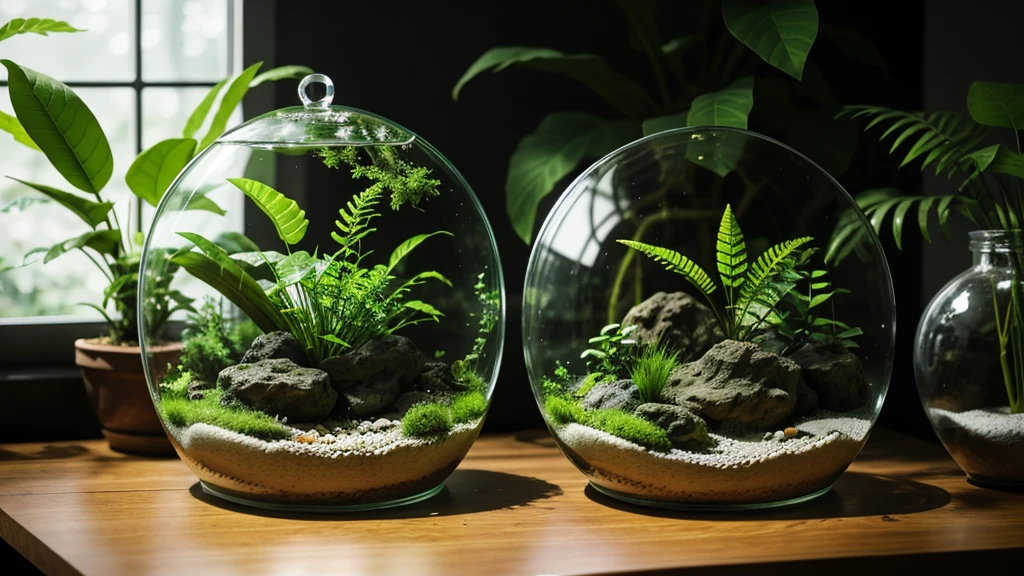 「１Encased in two glass domes、A beautiful and delicate terrarium。Mr.々Various kinds of green plants are harmoniously arranged、Small stones and tree branches are scattered around。Warm natural light pours in、It creates a fantastic atmosphere, as if a small world is spreading inside the terrarium.。Realistic and detailed texture and color、Generate a CG rendered terrarium wallpaper。」