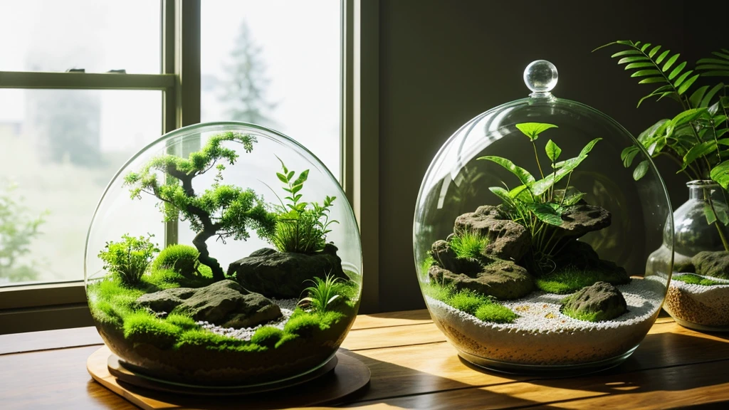 「１Encased in two glass domes、A beautiful and delicate terrarium。Mr.々Various kinds of green plants are harmoniously arranged、Small stones and tree branches are scattered around。Warm natural light pours in、It creates a fantastic atmosphere, as if a small world is spreading inside the terrarium.。Realistic and detailed texture and color、Generate a CG rendered terrarium wallpaper。」