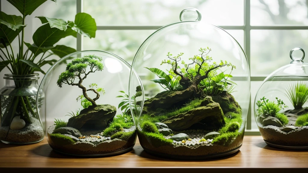 「１Encased in two glass domes、A beautiful and delicate terrarium。Mr.々Various kinds of green plants are harmoniously arranged、Small stones and tree branches are scattered around。Warm natural light pours in、It creates a fantastic atmosphere, as if a small world is spreading inside the terrarium.。Realistic and detailed texture and color、Generate a CG rendered terrarium wallpaper。」