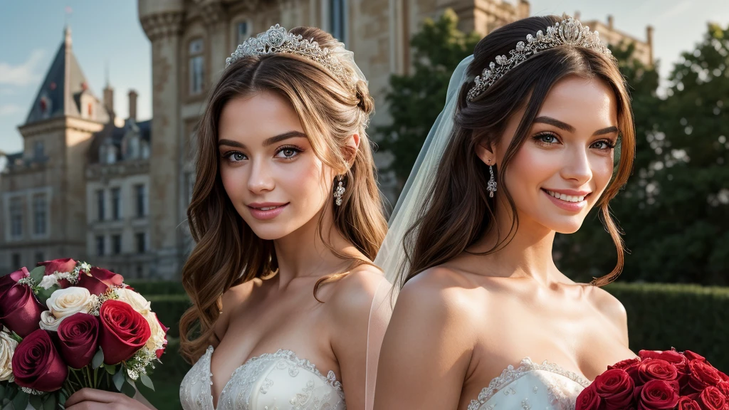 Masterpiece, best quality, very detailed, Exaggerated, realistic, beautiful young woman, white wedding dress, Smiling face holding a bouquet of red roses. Elegant castle background. Extraordinarily detailed face.