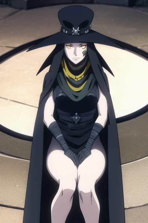 Scathach, girl1, solo, hat cape, smile, yellow eyes, white skin, cape, shin megami tensei, gloves, black shirt, black socks, sitting, bed, bedroom (masterpiece, best quality:1.2)